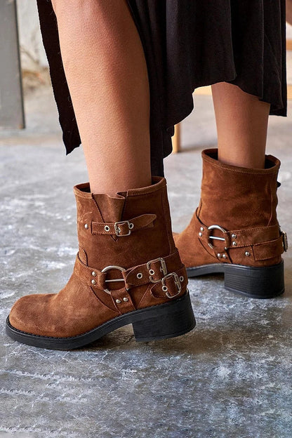 Round Toe Patchwork O-Ring Harness Brown Mid Boots [Pre Order]