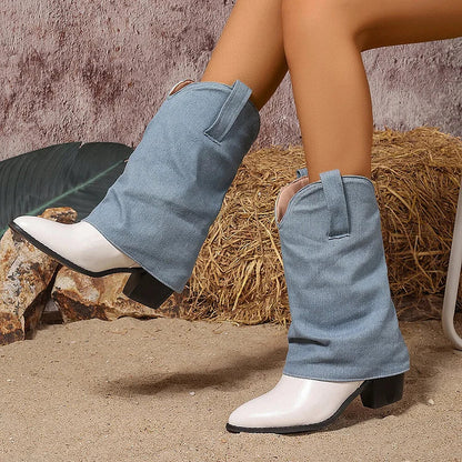 Denim Patchwork Fold Over Pointed Toe Chunky Heel Mid Boots