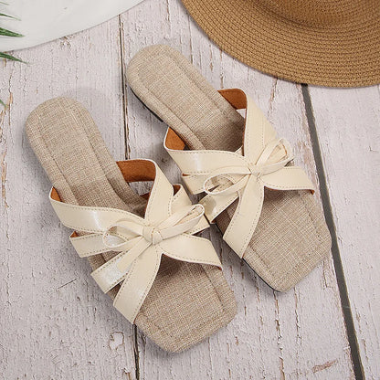 Bowknot Decor Hollow Out Square Toe Plain Slippers