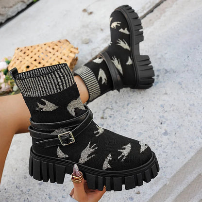 Pattern Print Strap Buckle Decor Round Toe Chunky Heel Mid Boots