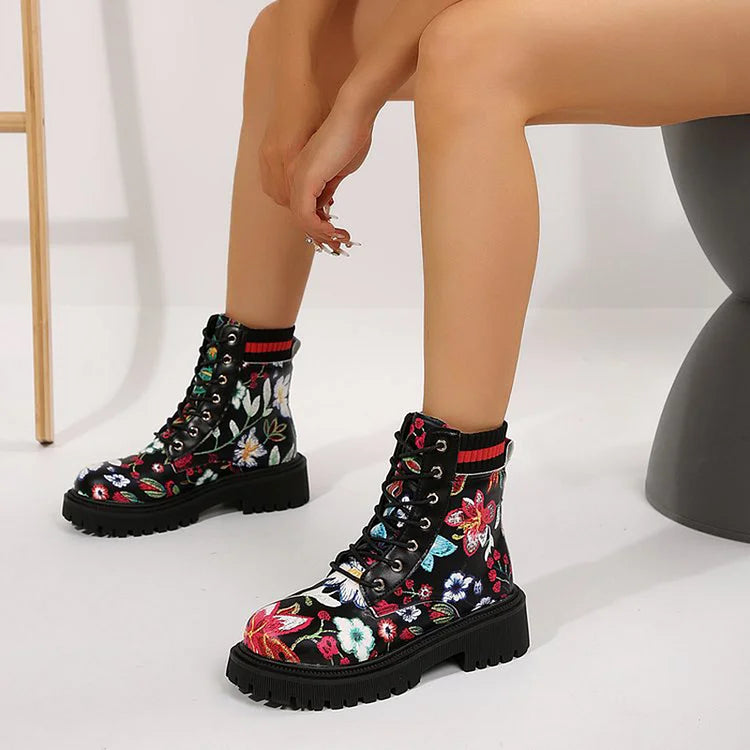 Multicolor Floral Print Patchwork Round Toe Chunky Heel Lace Up Ankle Boots