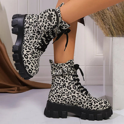 Pocket Decor Leopard Print Round Toe Chunky Heel Lace Up Mid Boots