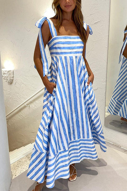 Pocketed Bow Shoulder Striped Swing Maxi Cami Dress