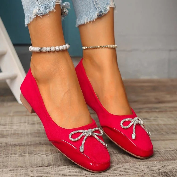 Rhinestone Bowknot Decor Patchwork Square Toe Low Heels