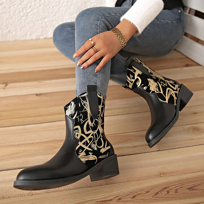 Pattern Print Round Toe Patchwork Chunky Heel Mid Boots