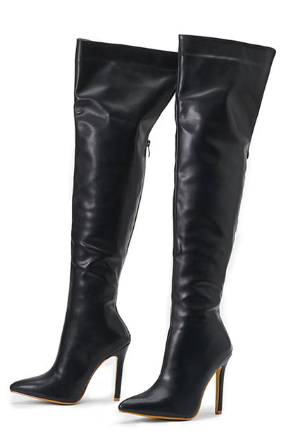 Solid Color Zipper Pointed Toe Stiletto Heel Over The Knee Boots