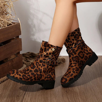 Metal Buttons Leopard Print Round Toe Low Block Heel Mid Boots