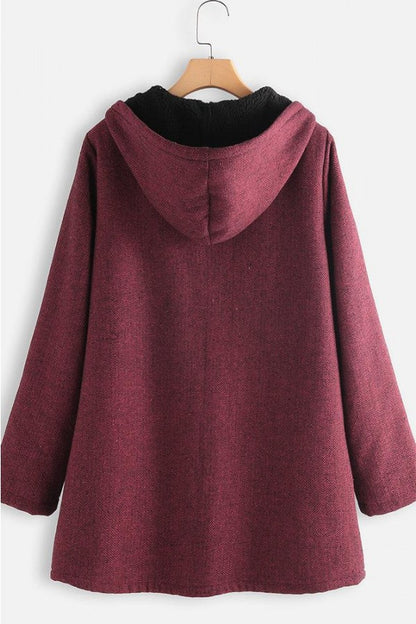 Solid Color Hooded Zipper Long Sleeves Fleece Warm Coat