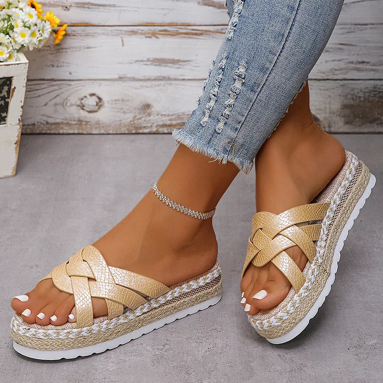 Textured Cross Strappy Platform Woven Espadrille Slippers