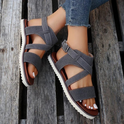 Quilted Canvas Cross Strappy Buckle Round Toe Sandals