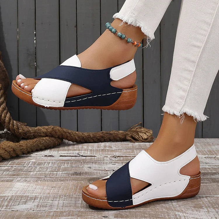 Color Block Cut Out Seam Platform Slingback Strap Magic Stick Closure Sandals