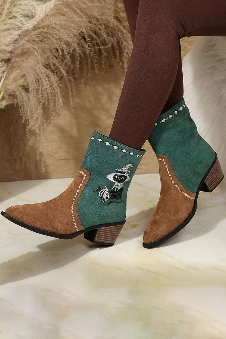 Cat Fish Embroidery Colorblock Pointed Toe Ankle Boots