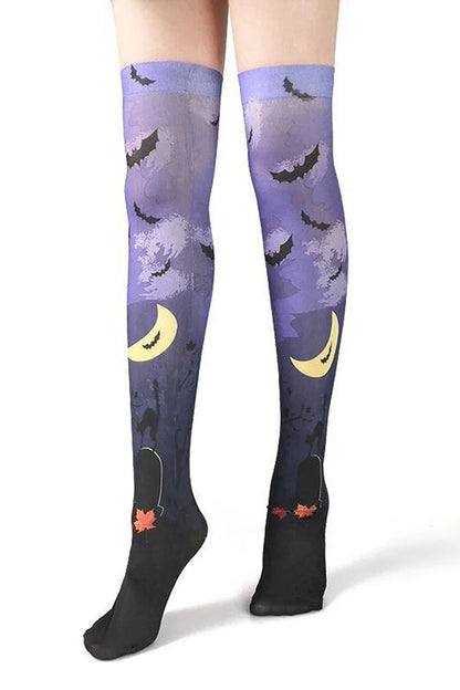 Calcetines hasta la rodilla con estampado de araña, murciélago y calabaza malvada para Halloween 