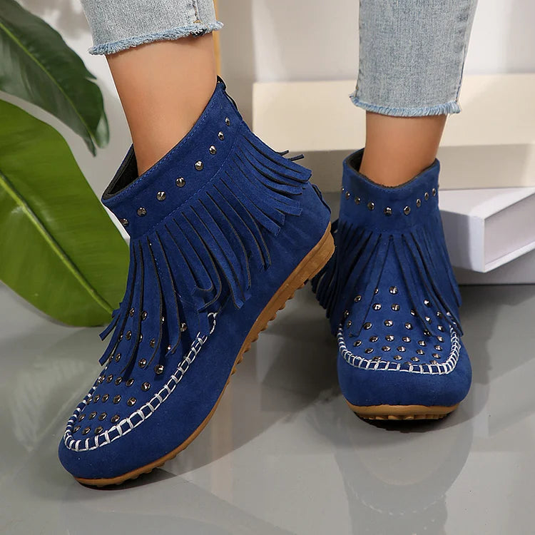 Metal Rivets Round Toe Fringed Trim Zipper Ankle Boots