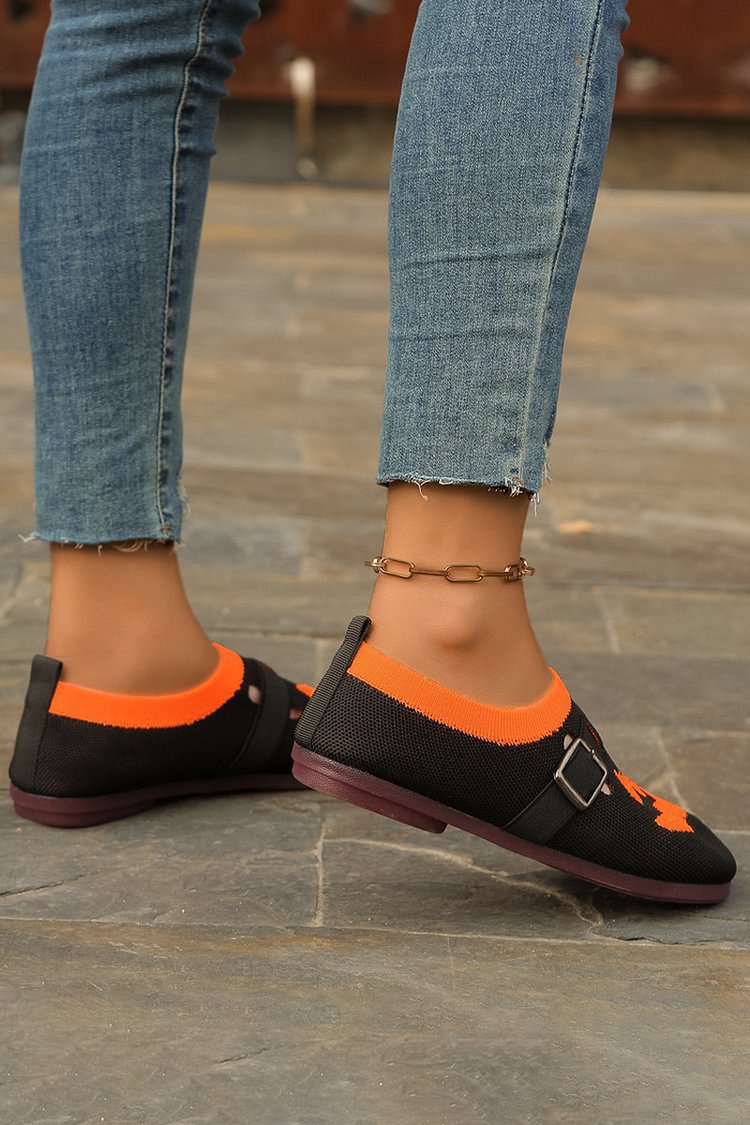 Colorblock Halloween Pumpkin Pattern Strap Buckle Decor Round Toe Flats