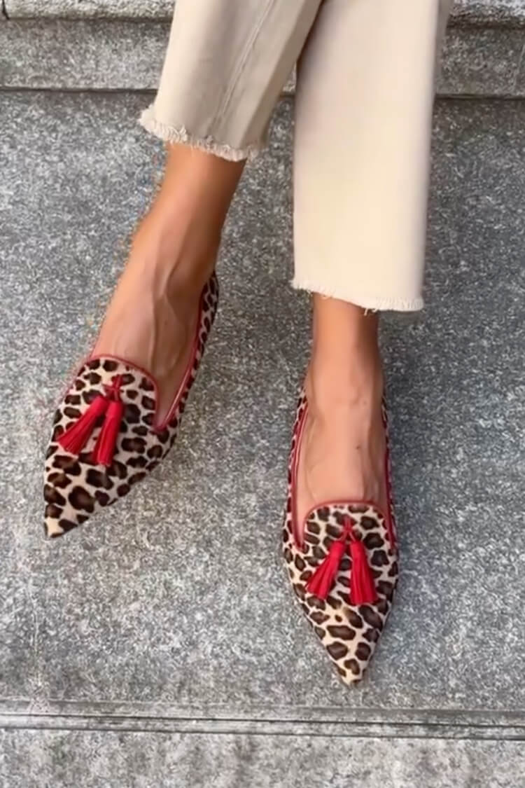 Leopard Print Faux Suede Tassels Decor Casual Pointy Flats