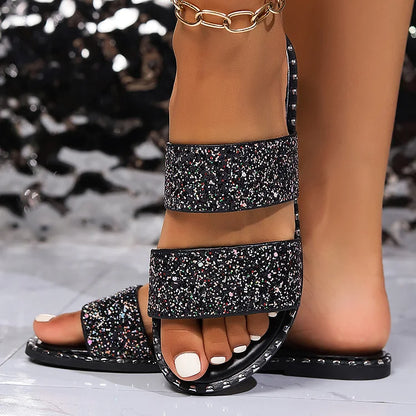 Casual Shimmering Sequin Two Straps Round Toe Slippers