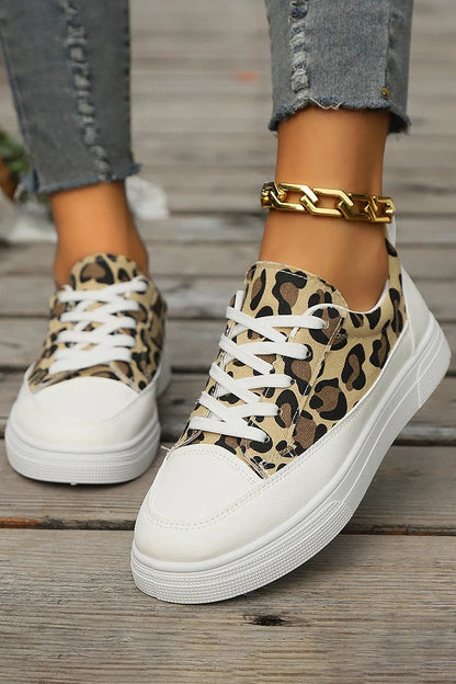 Leopard Print Round Toe Patchwork Lace Up Sneakers