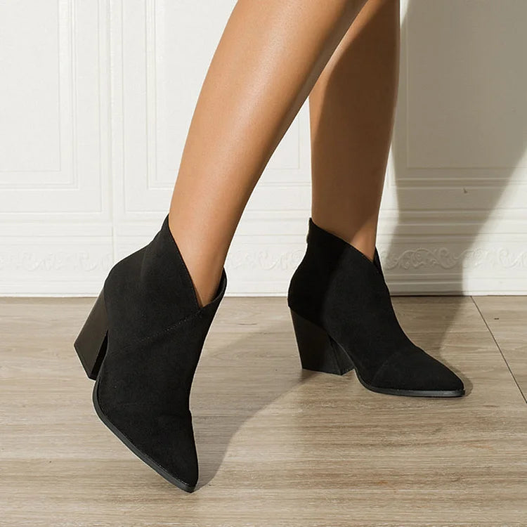 V Cut Pointed Toe Chunky Heels Plain Ankle Boots