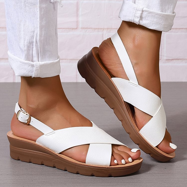 Cross Belt Slingback Strap Buckle Peep Toe Wedge Sandals