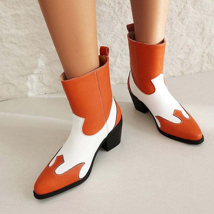 Colorblock Pointed Toe Patchwork Chunky Heel Pull On Ankle Boots