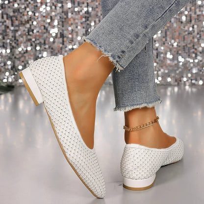 Rhinestone Decor Fishnet Patchwork Pointed Toe Flats