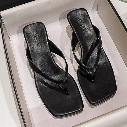 Elegant Plain Square Toe Slides Flip Flops Kitten Heels