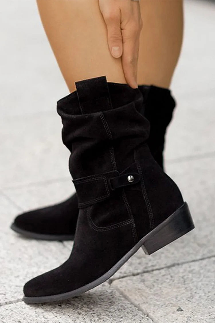 Solid Color Patchwork Round Toe Zipper Mid Boots