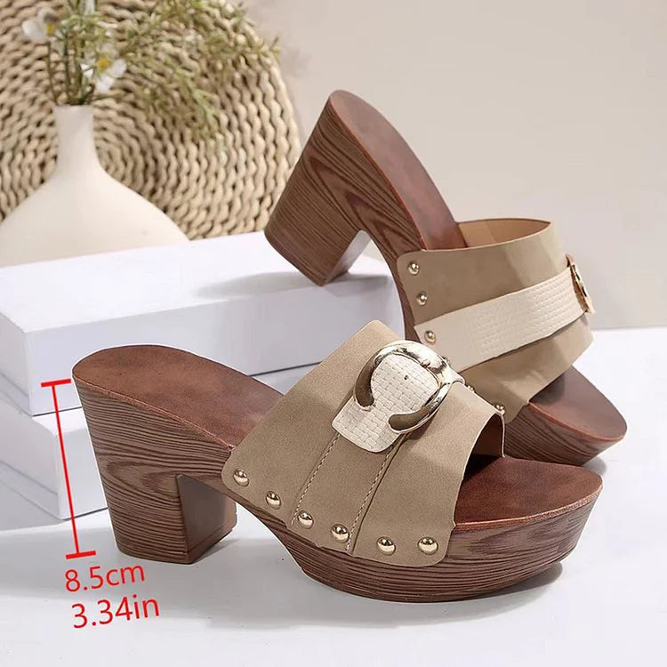 Studded Buckle Decor Patchwork Wood Grain Platform Slides Chunky Heels