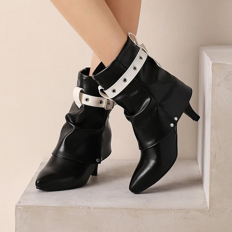 Colorblock Strap Buckle Fold Pointed Toe Stiletto Heel Ankle Boots