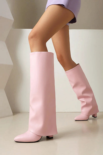 Fold Over Solid Color Pointed Toe Chunky Heel Knee High Boots