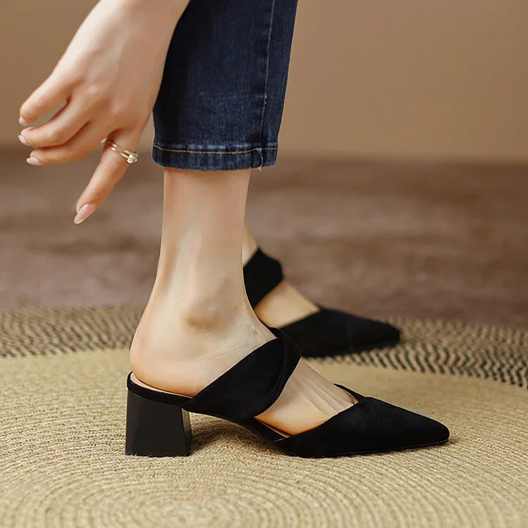 Wrapped Pointy Toe Hollow Out Slippers Chunky Heels