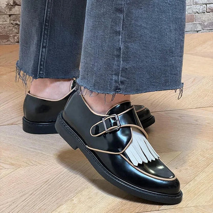 Contrast Color Fringed Trim Pointed Toe Black Oxfords [Pre Order]