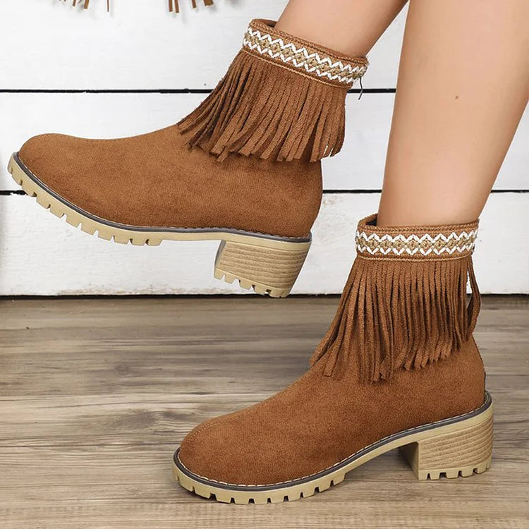 Round Toe Tassels Decor Zipper Chunky Heel Ankle Boots