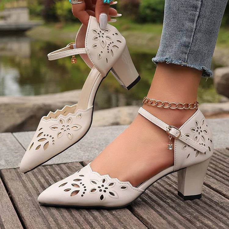 Openwork Design Pointed Toe Ankle Strap Buckle Chunky Heels