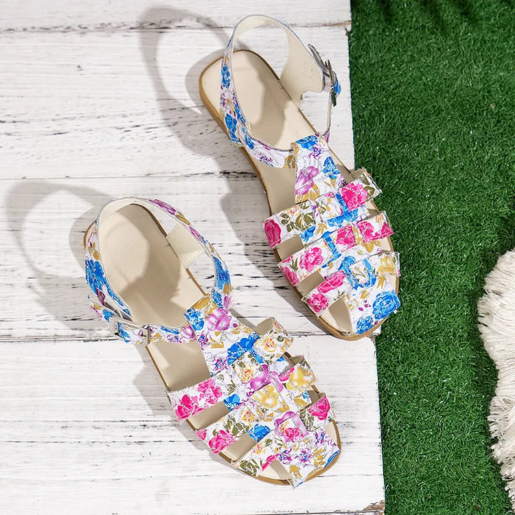 Colourful Floral Print Hollow Out Strappy Buckle Closed Toe Sandals