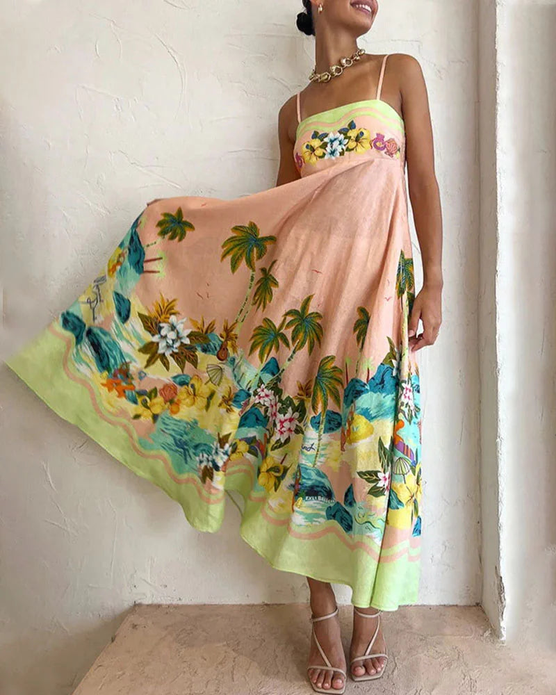 Vestido de fiesta informal con estampado de cabestrillo de cintura alta de verano 