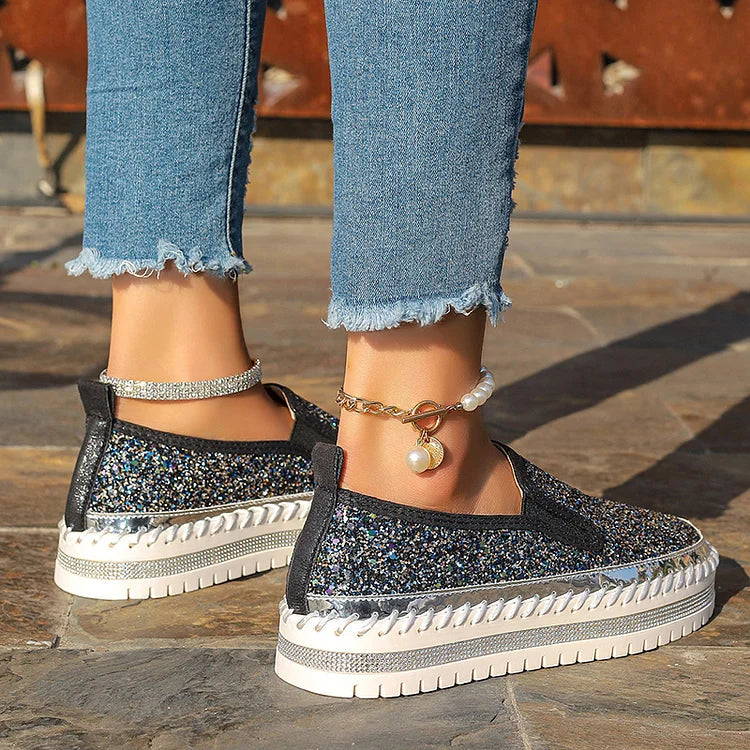 Shimmering Sequin Stitch Detail Round Toe Slip On Platform Loafers