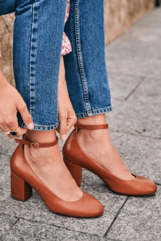 Vintage Brown Block Heels With Ankle Strap