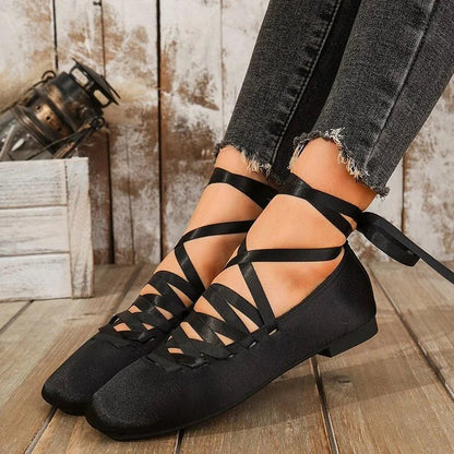 Satin Solid Color Crossover Lace Up Square Toe Flats