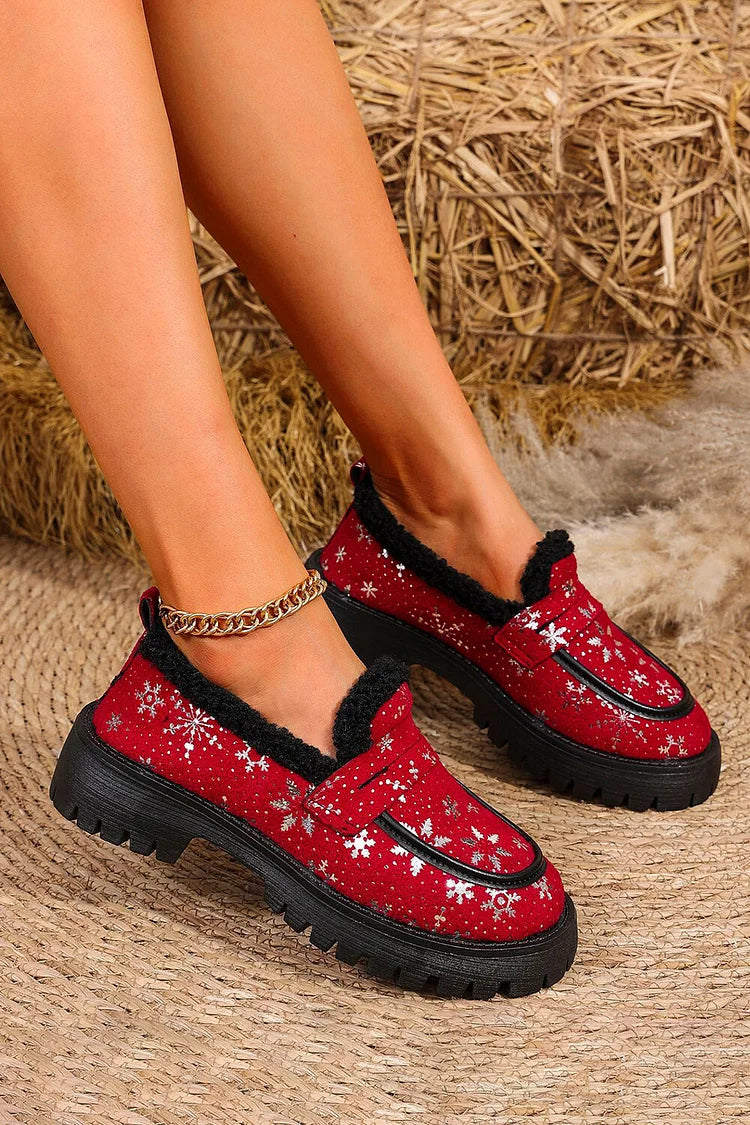 Christmas Snowflake Print Fleece Lined Round Toe Loafers