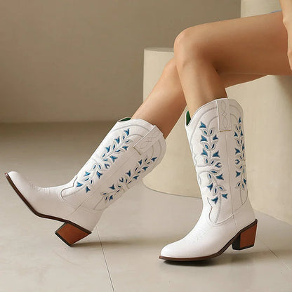 Colorblock Embroidery Patchwork Pointed Toe Chunky Heel Western Boots