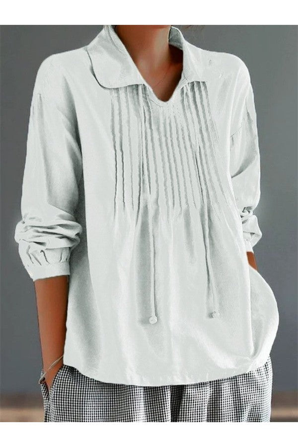 Solid Color Neckline String Long Sleeve Casual Loose Shirt