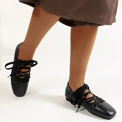 Crossover Lace Up Solid Color Square Toe Elegant Flats