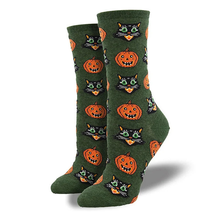 Halloween Maple Leaf Pumpkin Witch Owl Skeleton Print Mid Calf Socks