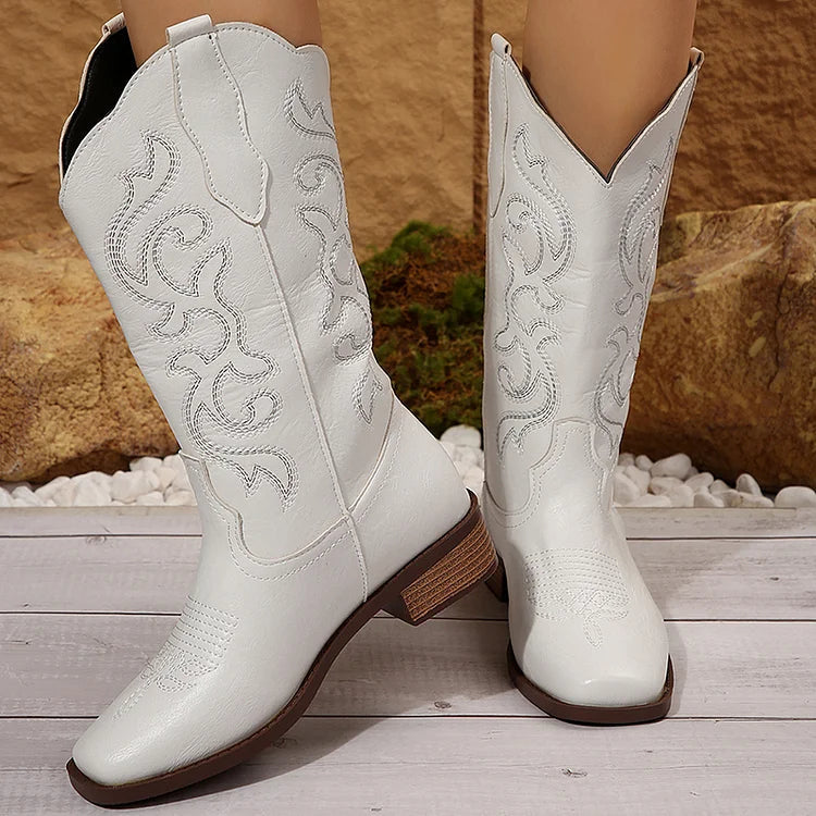 Tribal Pattern Embroidery Square Toe Patchwork Mid Calf Boots