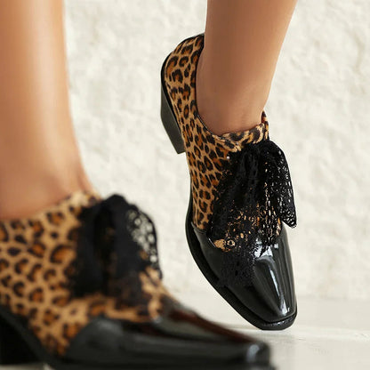 Tied Up Lace Leopard Print Patchwork Square Toe Chunky Heel Oxfords