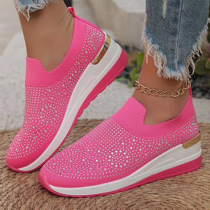 Rhinestone Embellished Round Toe Slip On Platform Casual Shoes Sneakers