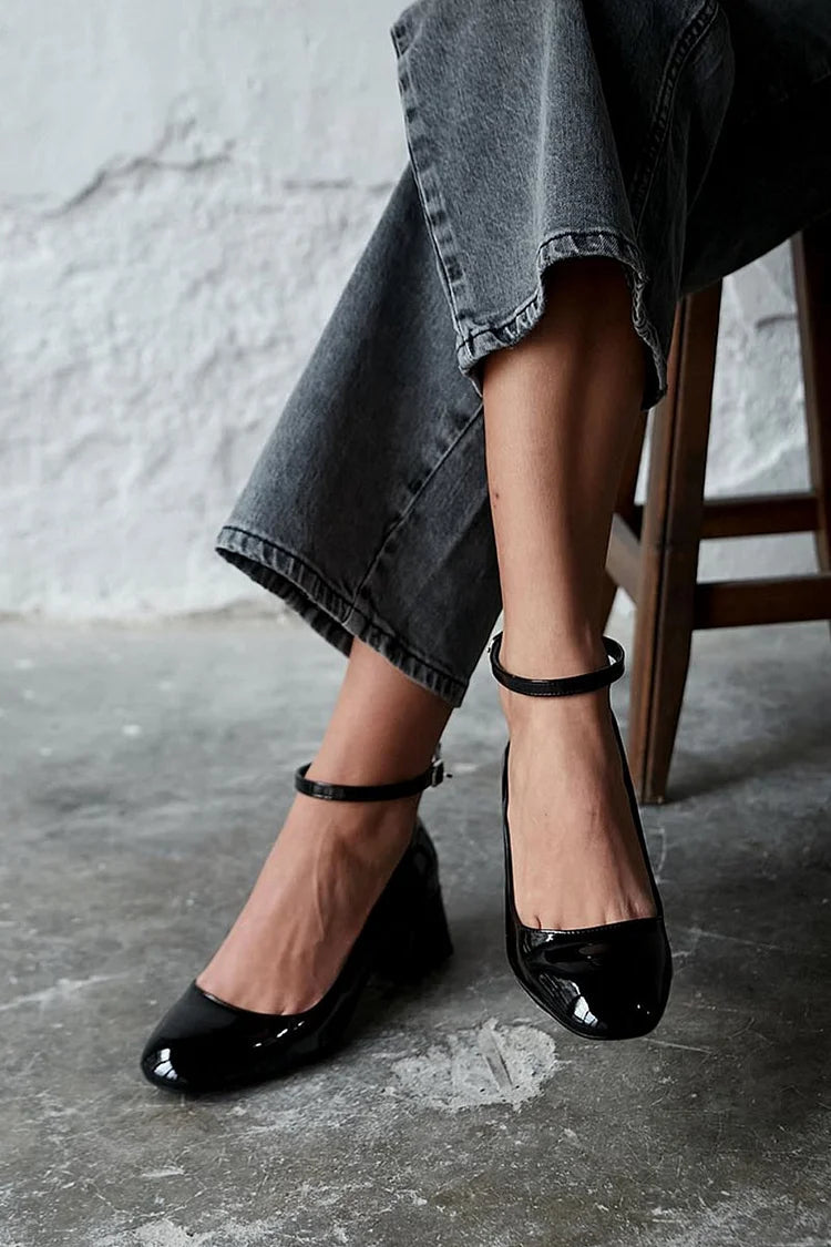 Ankle Strap Buckle Plain Round Toe Black Chunky Heels