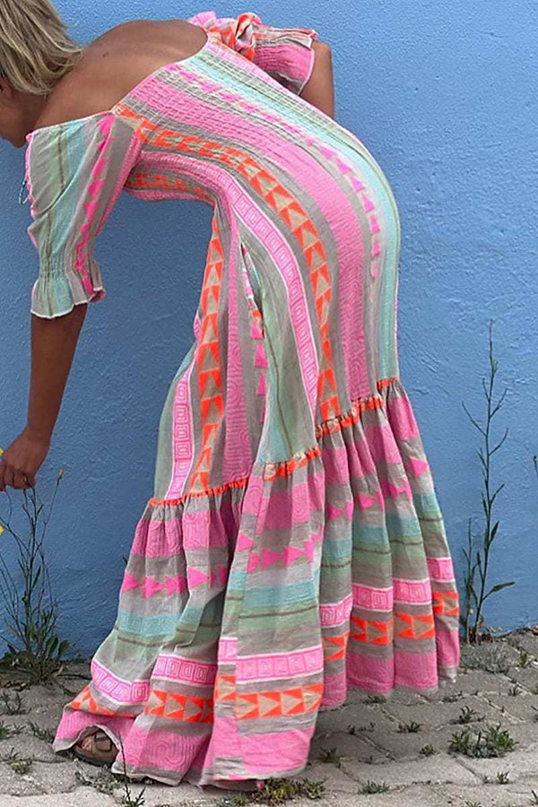 Geometric Color Block Pocketed Smocked Boho Maxi Dress